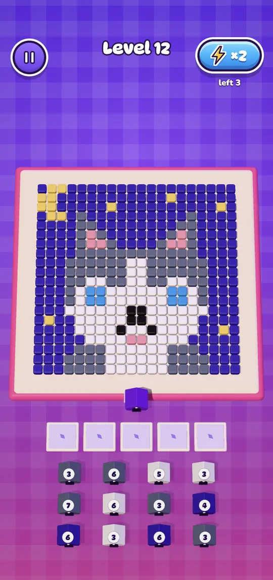 A Pup Parade level: dog kennels below a picture made of colored blocks
