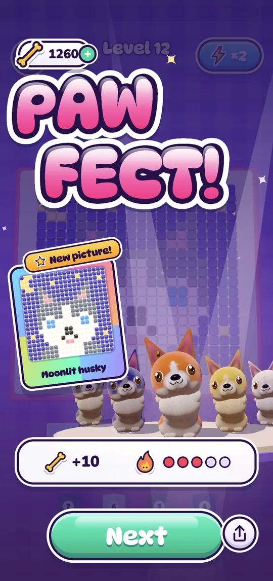 Pup Parade win screen saying Pawfect with a new picture card