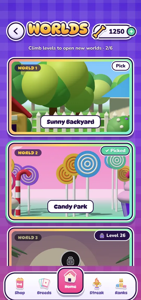Pup Parade worlds screen with Sunny Backyard and Candy Park